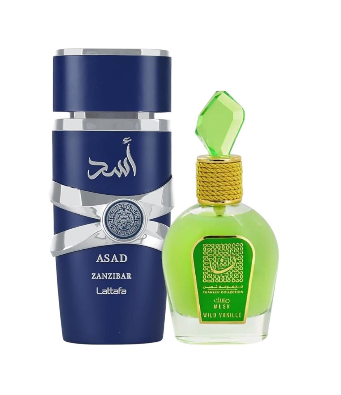 Pack of Lattafa Asad Zanzibar and Musk Wild Vanille
