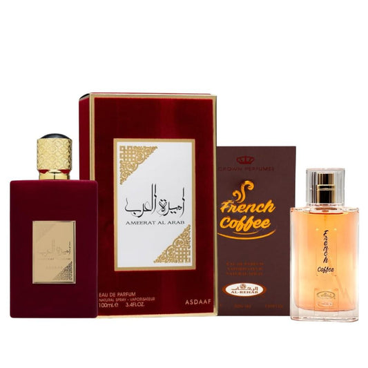 Pack of Asdaaf Ameerat Al Arab EDP and French coffee perfume.