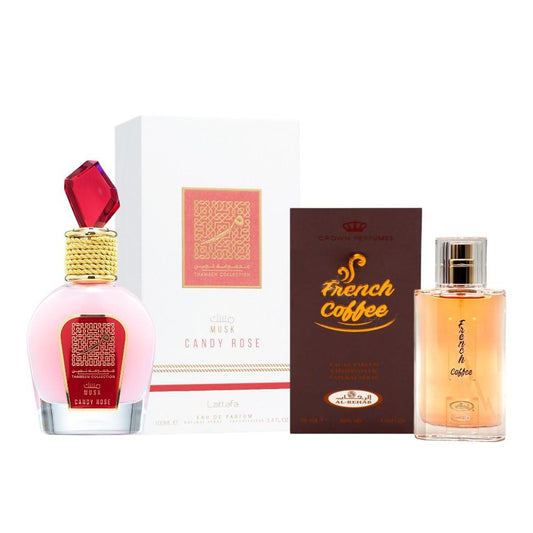 Pack of Musk Candy Rose and French coffee perfume.