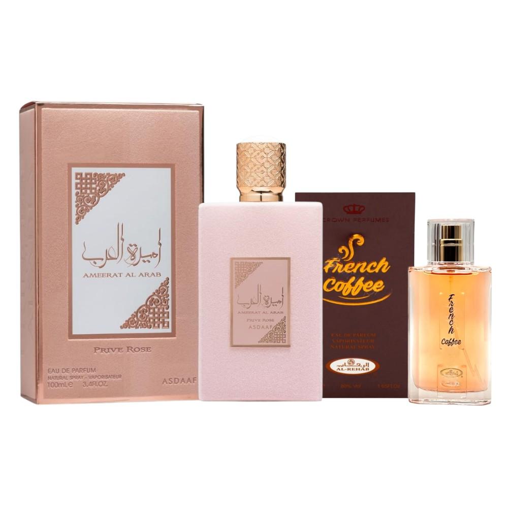 Pack of Asdaaf Ameerat Al Arab Prive Rose Eau de Parfum and French coffee perfume.