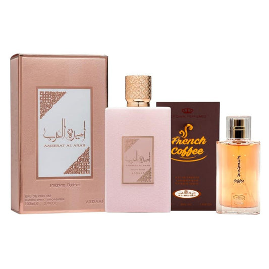 Pack of Asdaaf Ameerat Al Arab Prive Rose Eau de Parfum and French coffee perfume.
