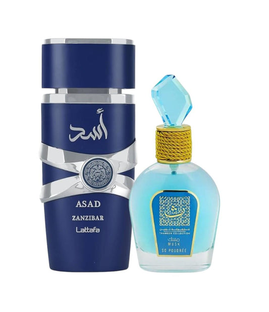 Pack of Lattafa Asad Zanzibar for Men 3.4 Ounce by Lattafa and Musk So Poudree Eau De Parfum