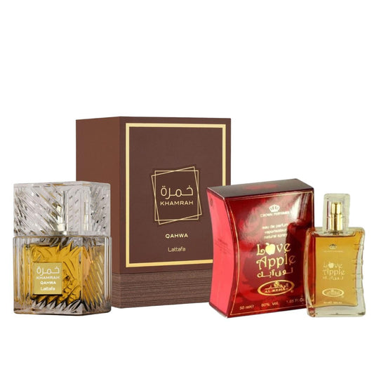 Pack of Khamrah Qahwa and Love Apple Perfume